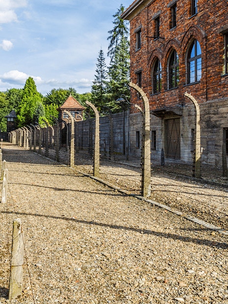 Auschwitz I barracks and barbed wire fence under a clear sky.