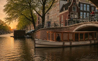 Luxury canal boat cruising under a bridge at sunset in Amsterdam.