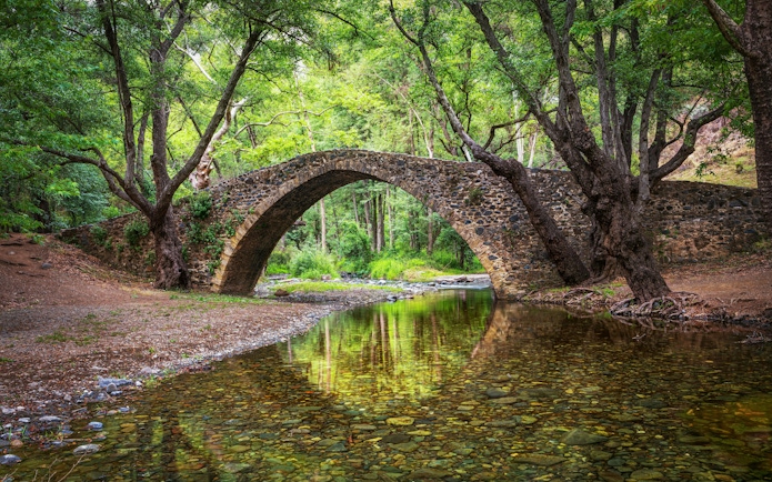 Kelefos Medieval Bridge in Cyprus reflected in a river, surrounded by lush trees.