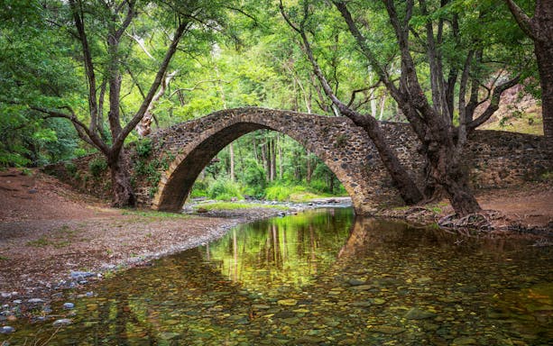 Kelefos Medieval Bridge in Cyprus reflected in a river, surrounded by lush trees.