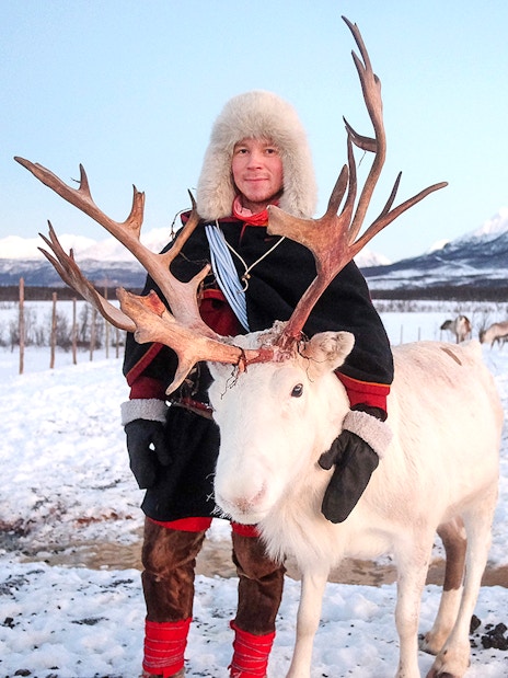 Reindeer with Sami person in traditional attire in snowy landscape.