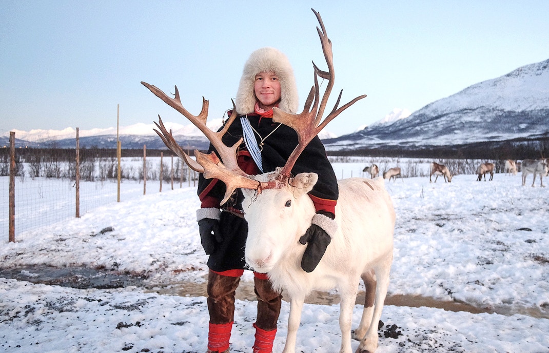 Reindeer with Sami person in traditional attire in snowy landscape.