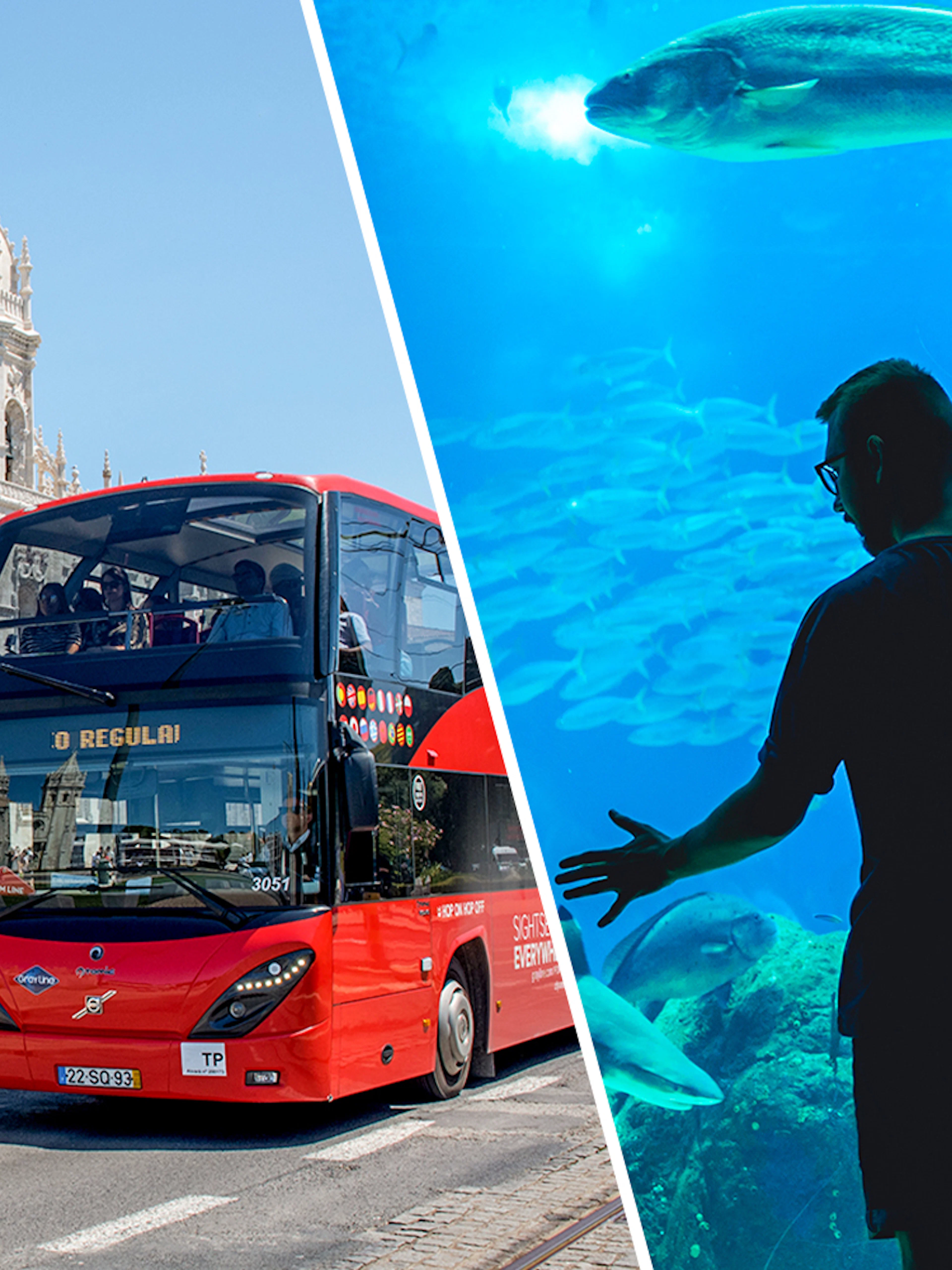 Lisbon hop-on hop-off bus near Jerónimos Monastery and visitor at Lisbon Oceanarium.
