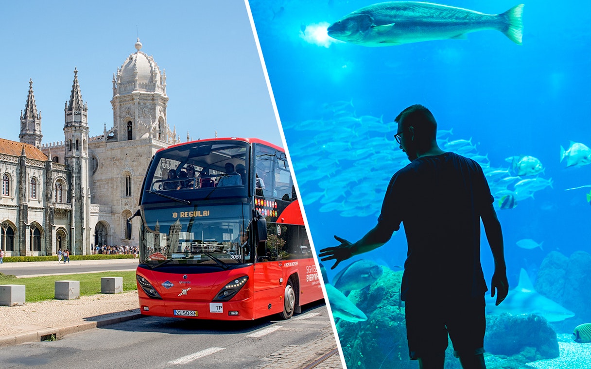 Lisbon hop-on hop-off bus near Jerónimos Monastery and visitor at Lisbon Oceanarium.