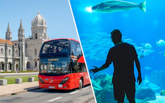 Lisbon hop-on hop-off bus near Jerónimos Monastery and visitor at Lisbon Oceanarium.