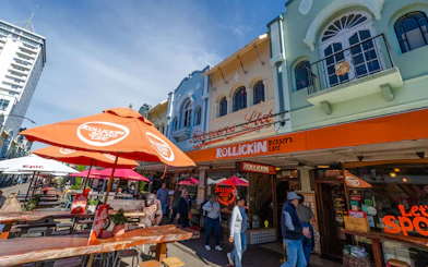 Outdoor seating at Rollickin Dessert Cafe on New Regent Street, Christchurch.