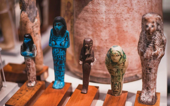 Ancient Egyptian figurines displayed at the Egyptian Museum in Turin.