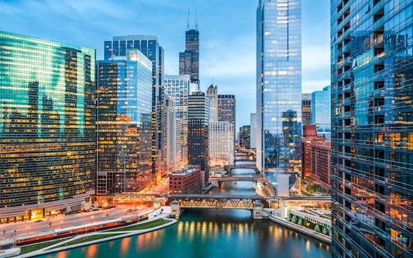 Chicago skyline with skyscrapers along the river, Illinois, USA.