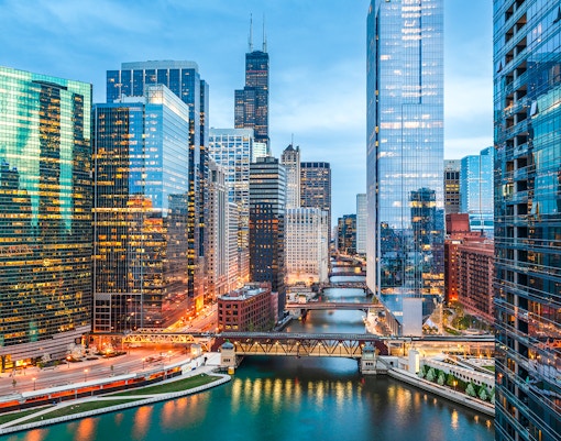 Chicago skyline with skyscrapers along the river, Illinois, USA.