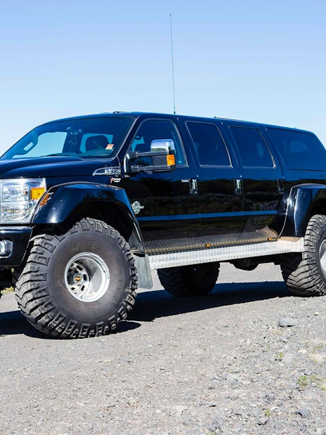 Jeep used for Secret Lagoon hot spring and glacier snowmobile tour in Iceland.
