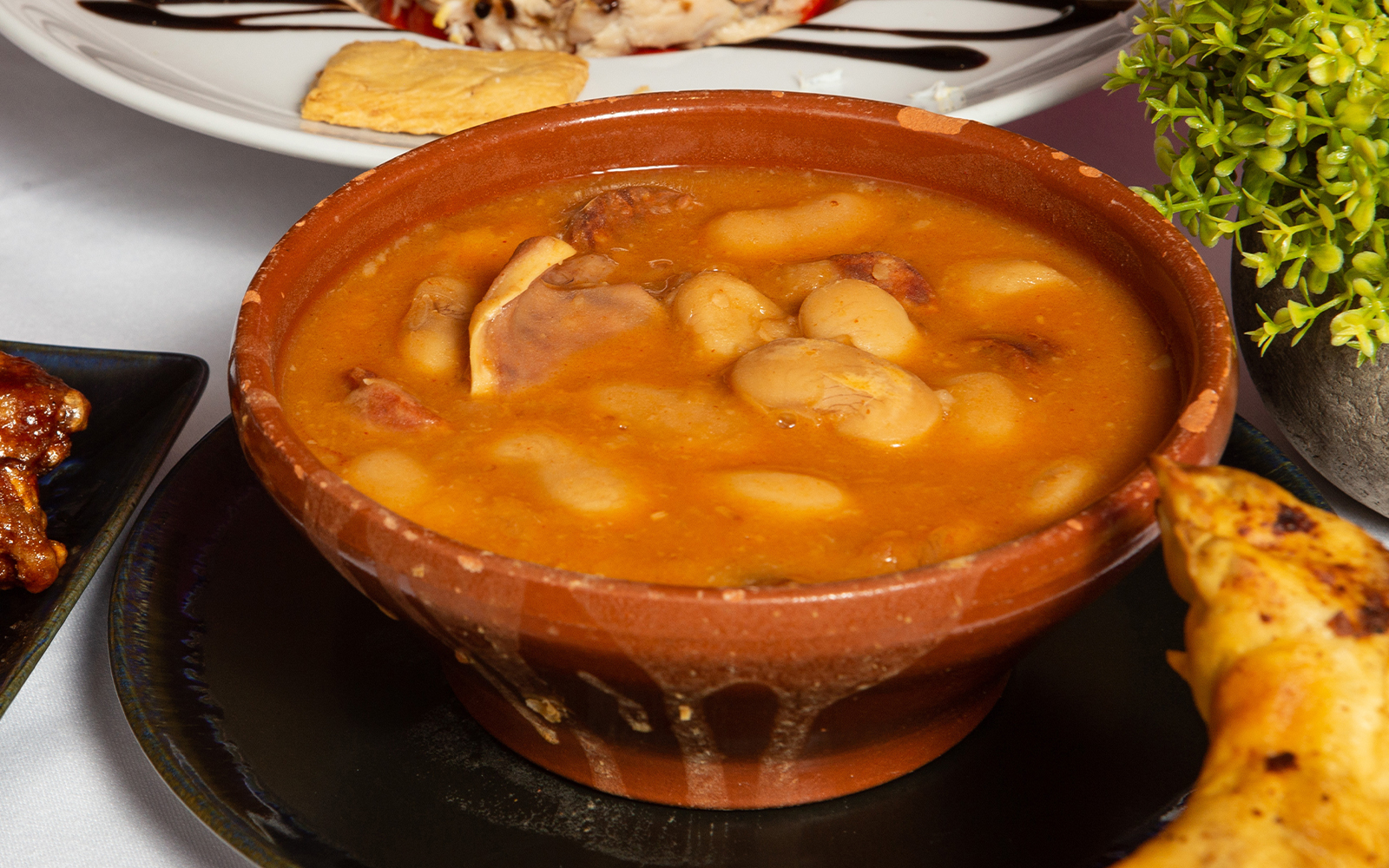 Clay bowl of Judías del Barco stew with beans and meat.