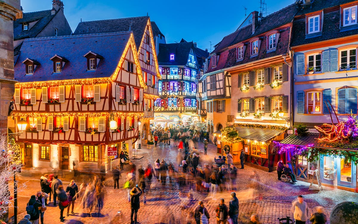 Christmas decorations in the Christmas Market, Colmar, Alsace, France