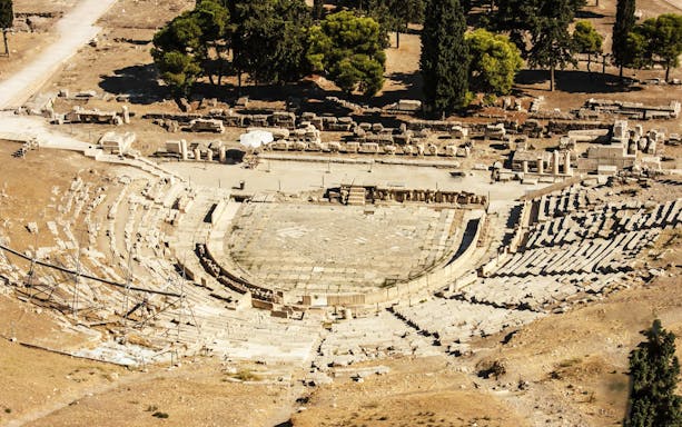 Ancient Theater of Dionysus at the Acropolis, Athens, Greece, viewed from above.