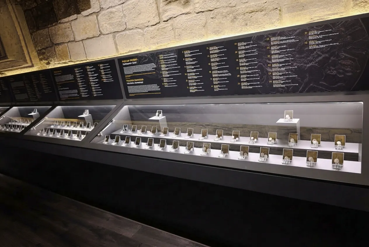 Coins displayed in glass cases at the Museum of Numismatics, Baku guided tour.