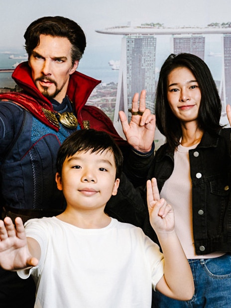 Doctor Strange wax figure with visitors at Madame Tussauds Singapore.