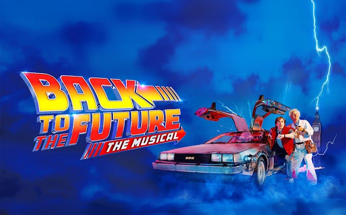 Back to the Future musical poster with DeLorean and characters in front of Big Ben