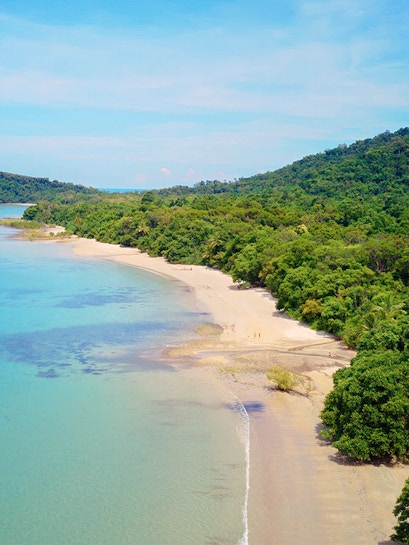 Cape Tribulation beach with lush greenery and clear blue waters in Queensland, Australia.