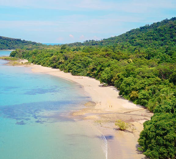 Cape Tribulation beach with lush greenery and clear blue waters in Queensland, Australia.
