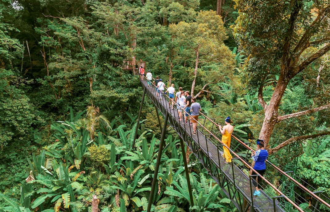 Visitors crossing a treetop platform at Hanuman World Phuket Zipline amidst lush greenery.