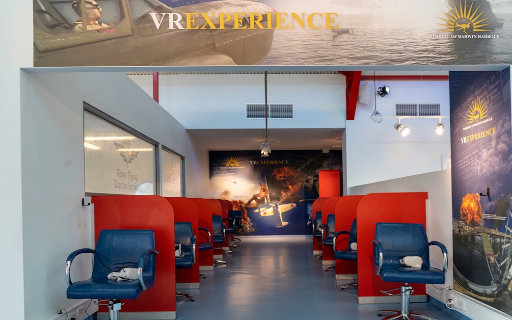 VR experience area at Darwin Royal Flying Doctor Service with seating and headsets.