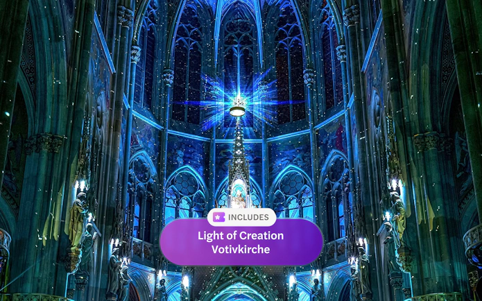Votivkirche interior with blue lighting and ornate stained glass, Vienna.