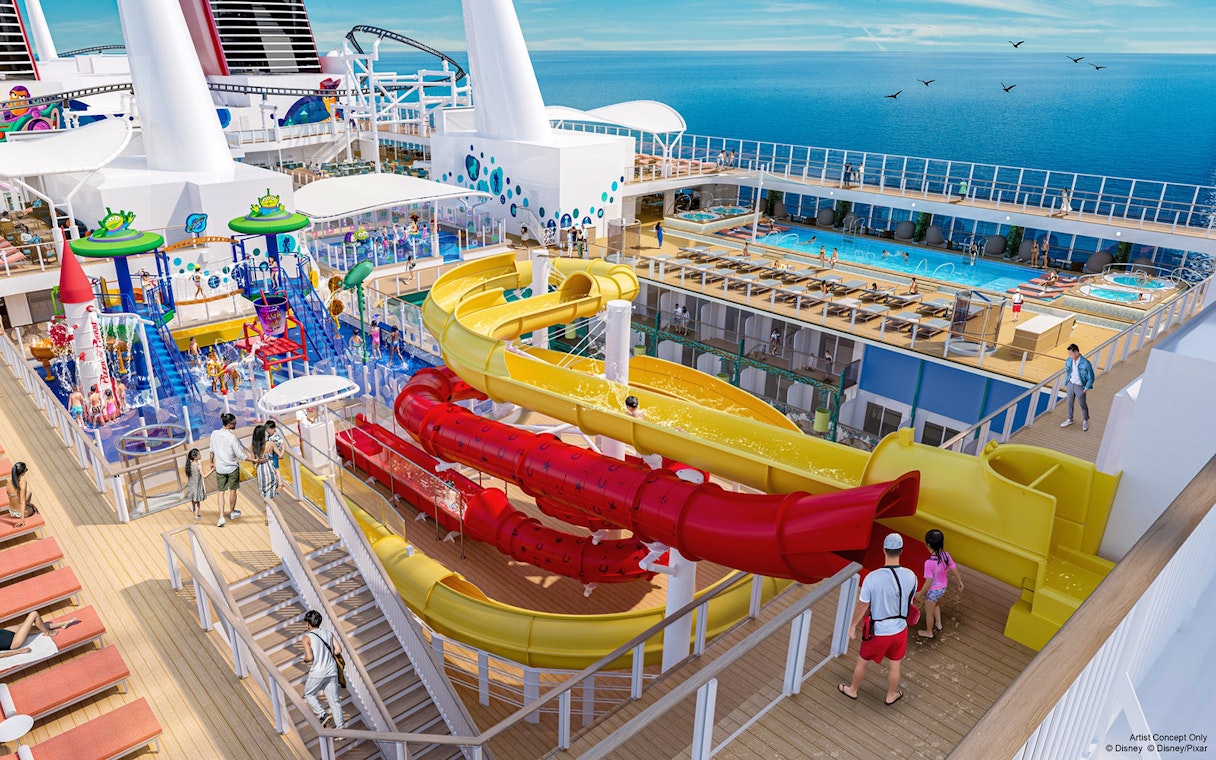 Water slides and play area on Disney Adventure Cruise deck, featuring Toy Story-themed attractions.