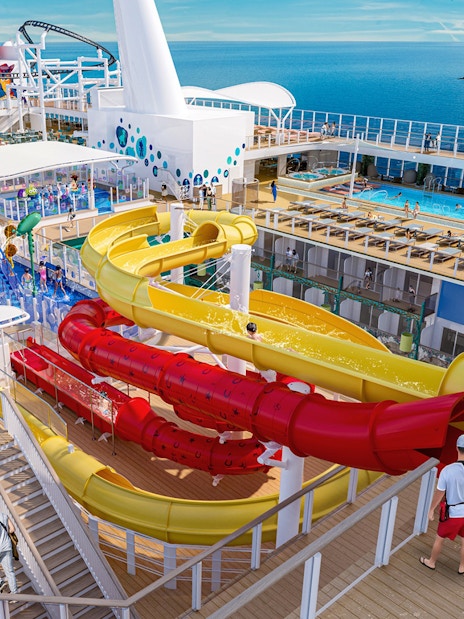 Water slides and play area on Disney Adventure Cruise deck, featuring Toy Story-themed attractions.