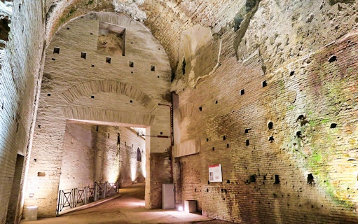Domus Aurea ancient brick corridor with arches, Rome virtual reality tour.