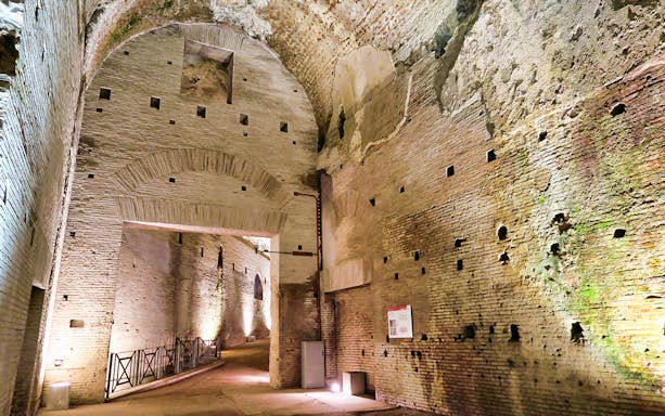 Domus Aurea ancient brick corridor with arches, Rome virtual reality tour.