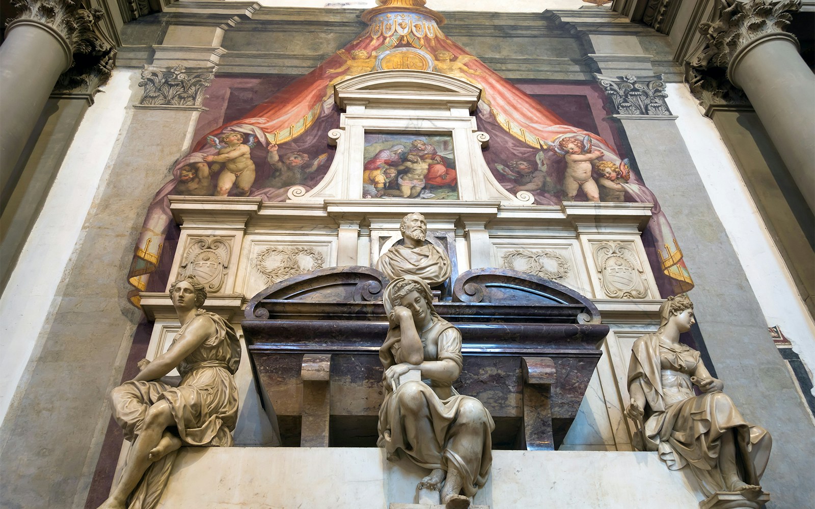 Sculptures and fresco in Basilica of Santa Croce, Florence.