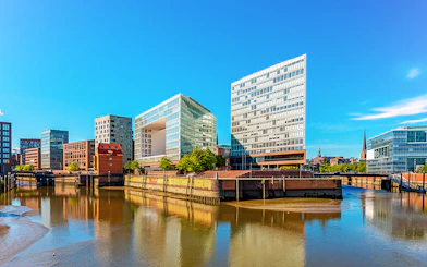 HafenCity modern buildings along the Elbe River in Hamburg.