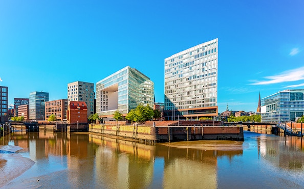 HafenCity modern buildings along the Elbe River in Hamburg.
