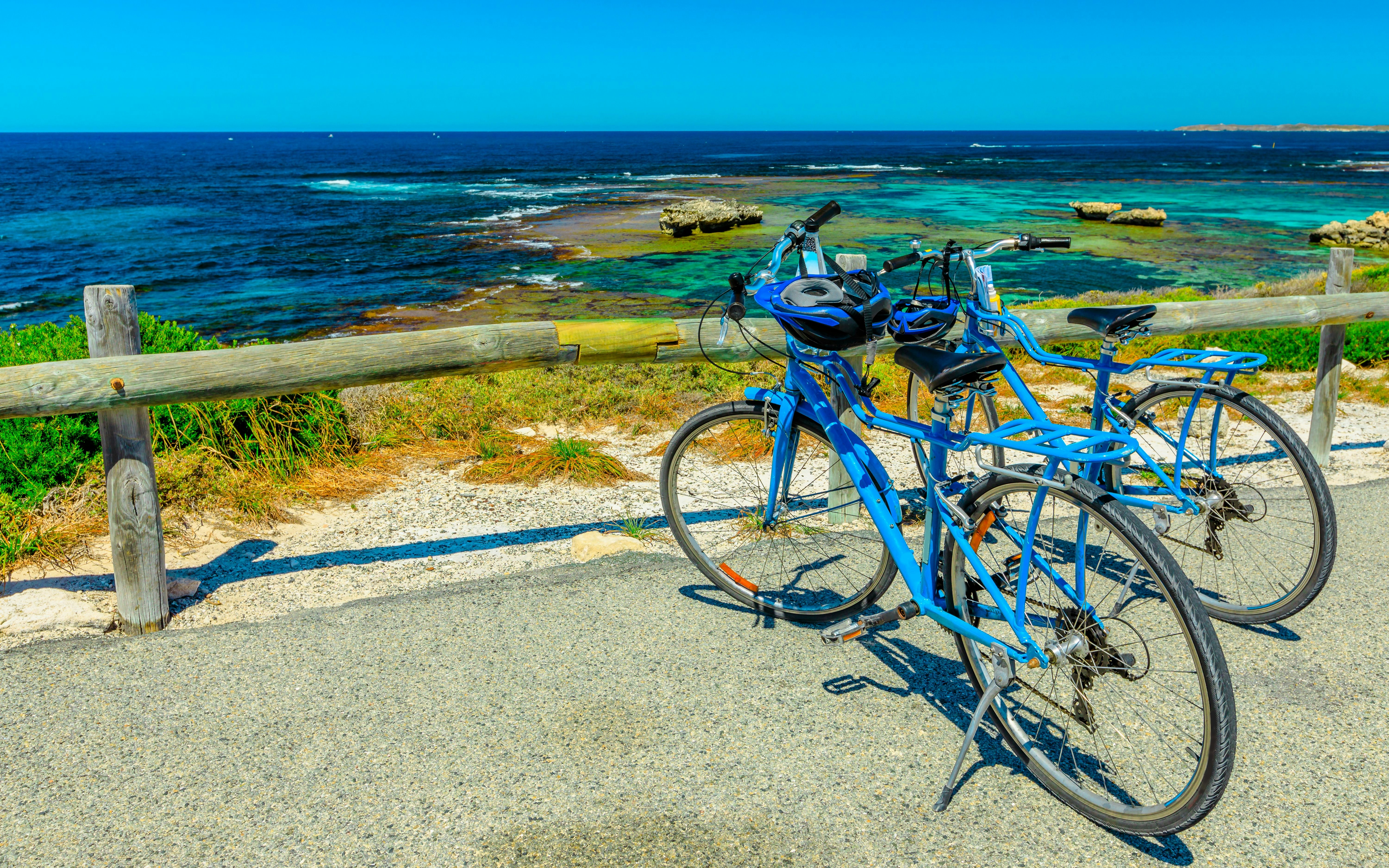 Bicycles parked at Parker Point with ocean view in the background.