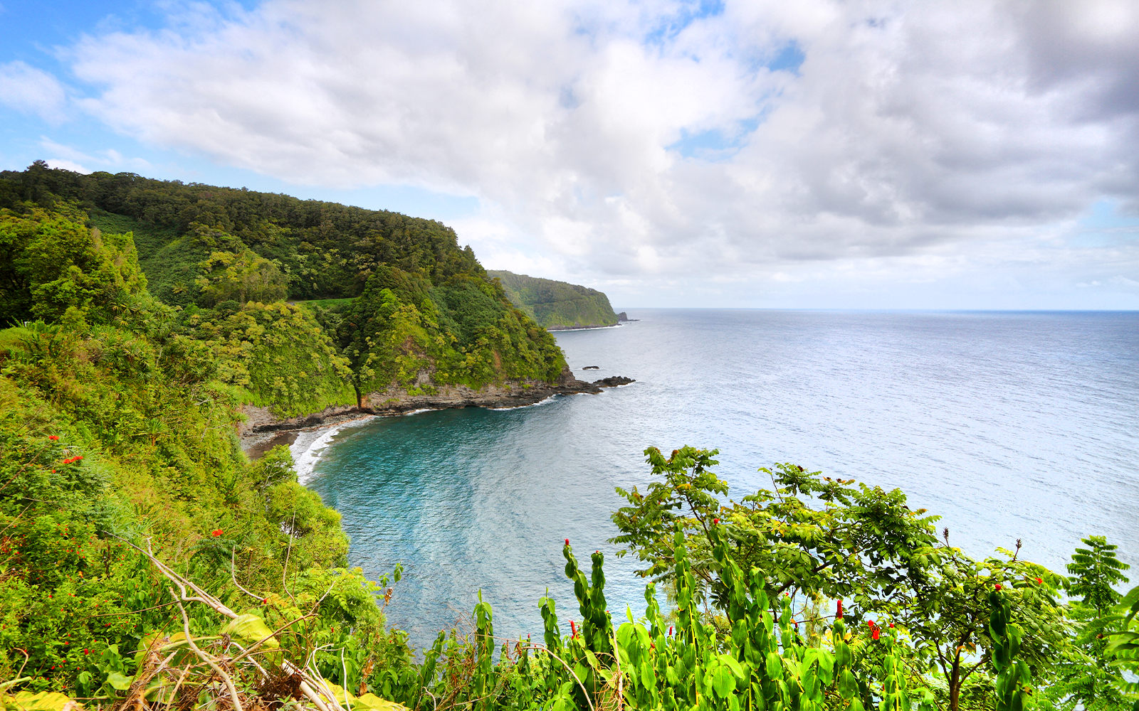 Coastal view along the Road to Hana, Maui, Hawaii with lush greenery and ocean.