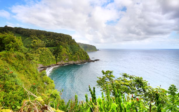 Coastal view along the Road to Hana, Maui, Hawaii with lush greenery and ocean.