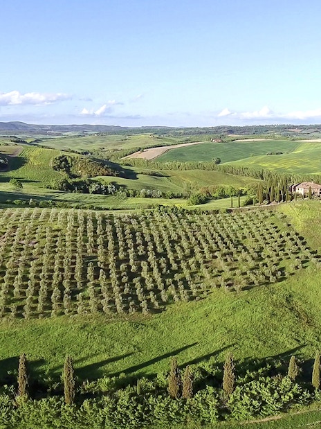 Aerial view of Chianti winery with vineyards and Tuscan landscape.