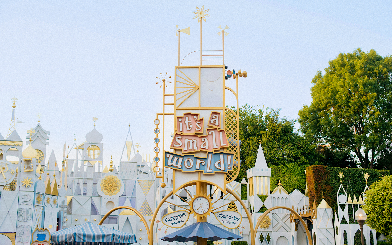 Its A Small World entrance at Disneyland, California with whimsical architecture.