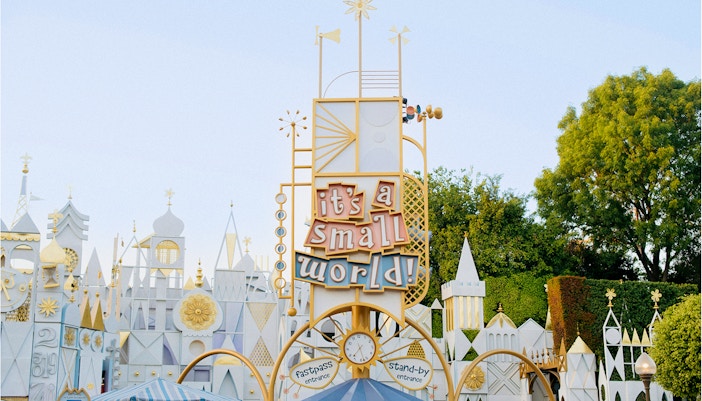 Its A Small World entrance at Disneyland, California with whimsical architecture.