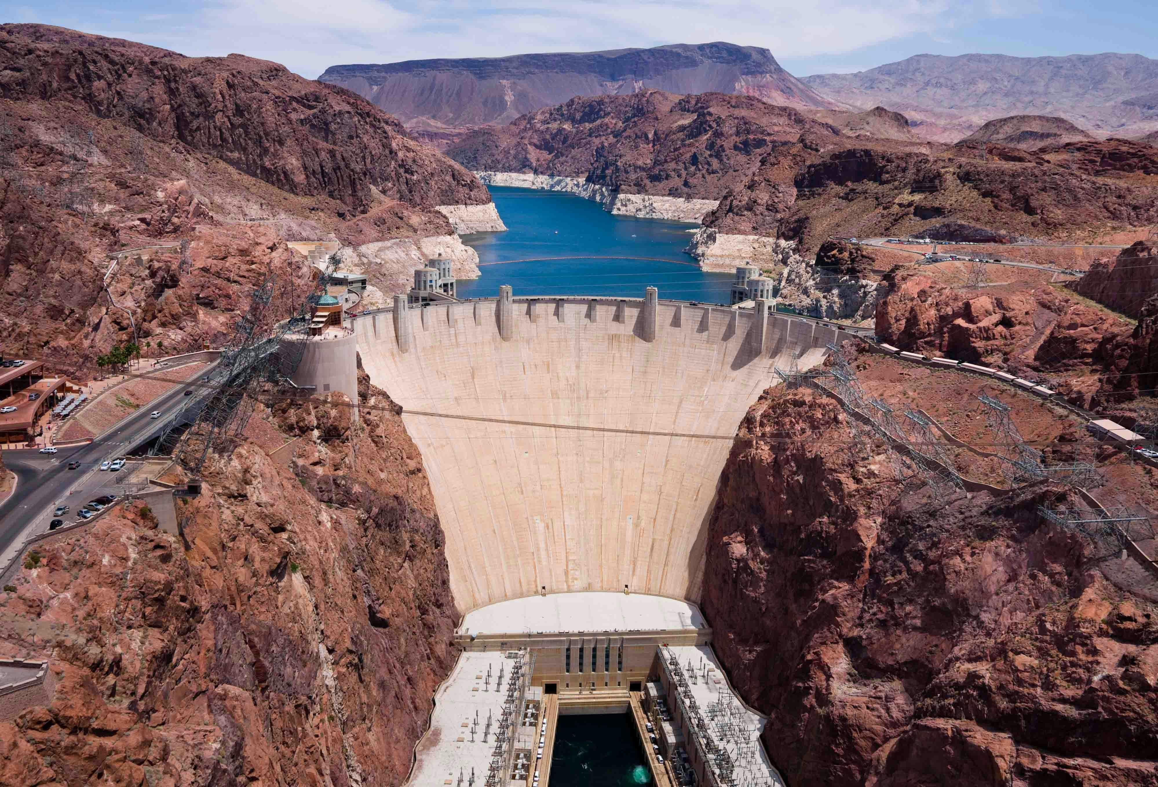 aerial shot of the scenic and iconic hoover dam, situated on the way from las vegas to antelope canyon