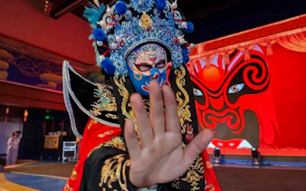 Performer in traditional costume during Chongqing face-changing show.