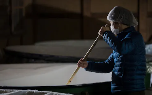 Person stirring sake mash at Takeno Sake Brewery, Kyoto.