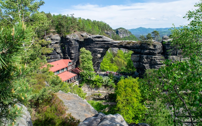Pravčická Brána rock arch surrounded by lush greenery in Bohemian Switzerland.