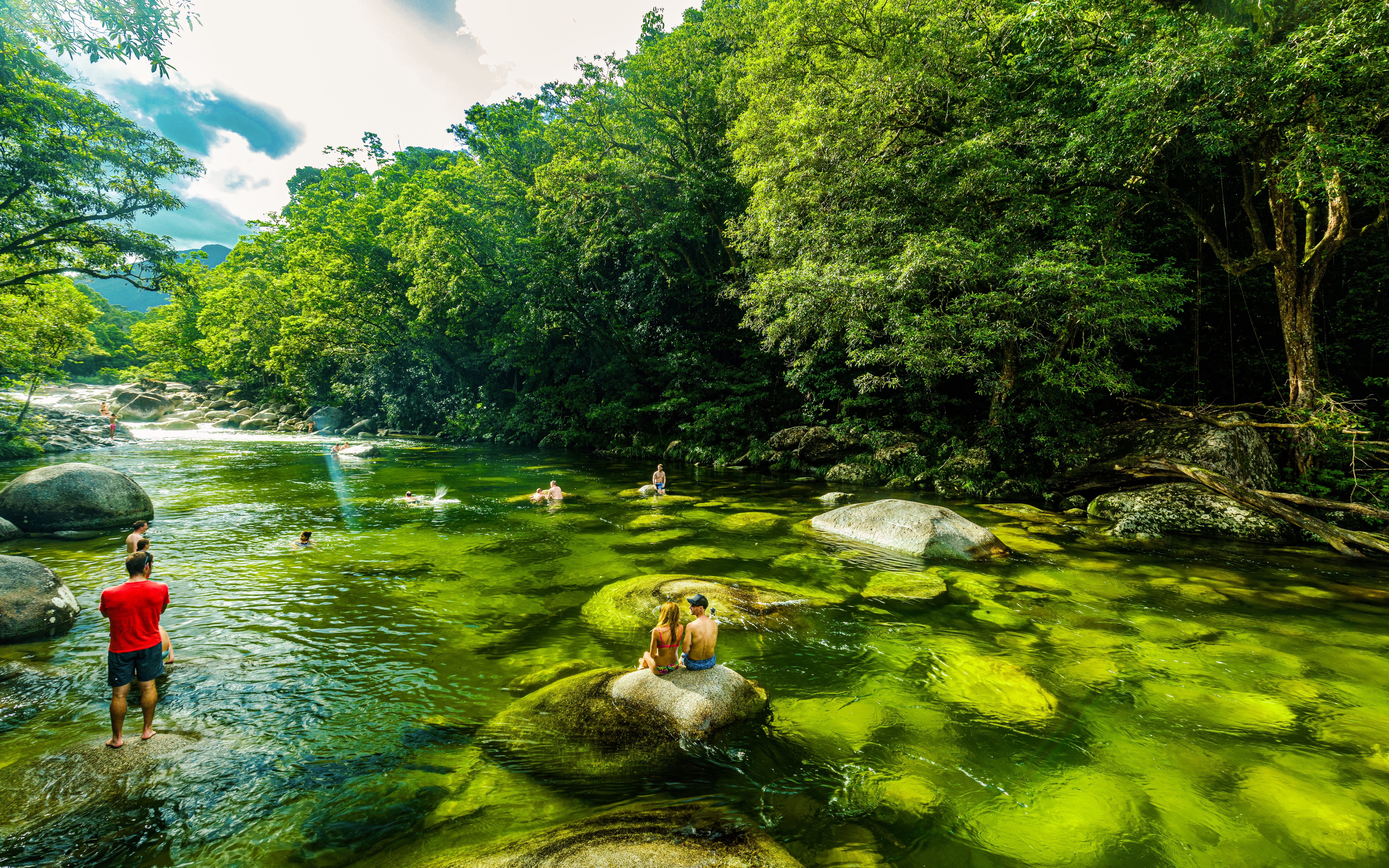 People swimming in the clear waters of Mossman Gorge surrounded by lush rainforest.