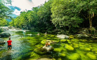 People swimming in the clear waters of Mossman Gorge surrounded by lush rainforest.