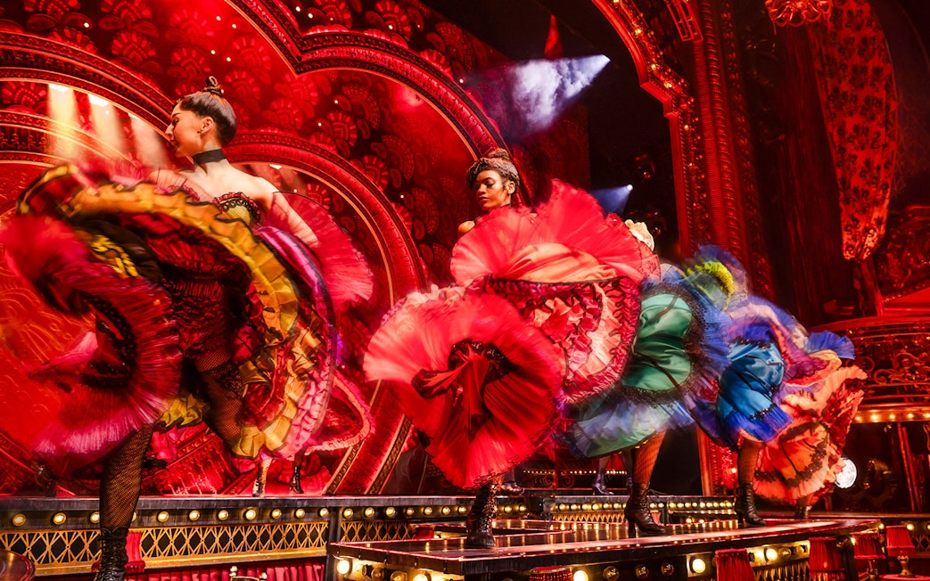 Dancers performing can-can at Moulin Rouge! The Musical, West End stage.