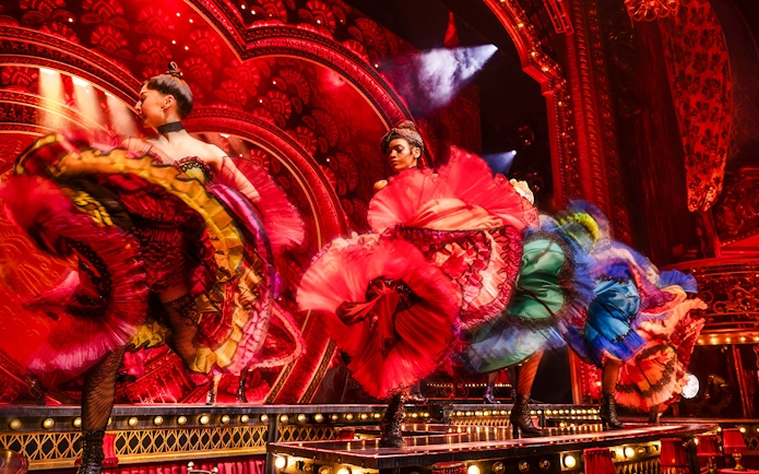 Dancers performing can-can at Moulin Rouge! The Musical, West End stage.