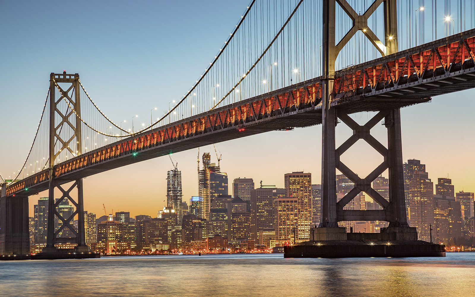 Bay Bridge at sunset with San Francisco skyline, Big Bus 1-Hr Sunset Tour.