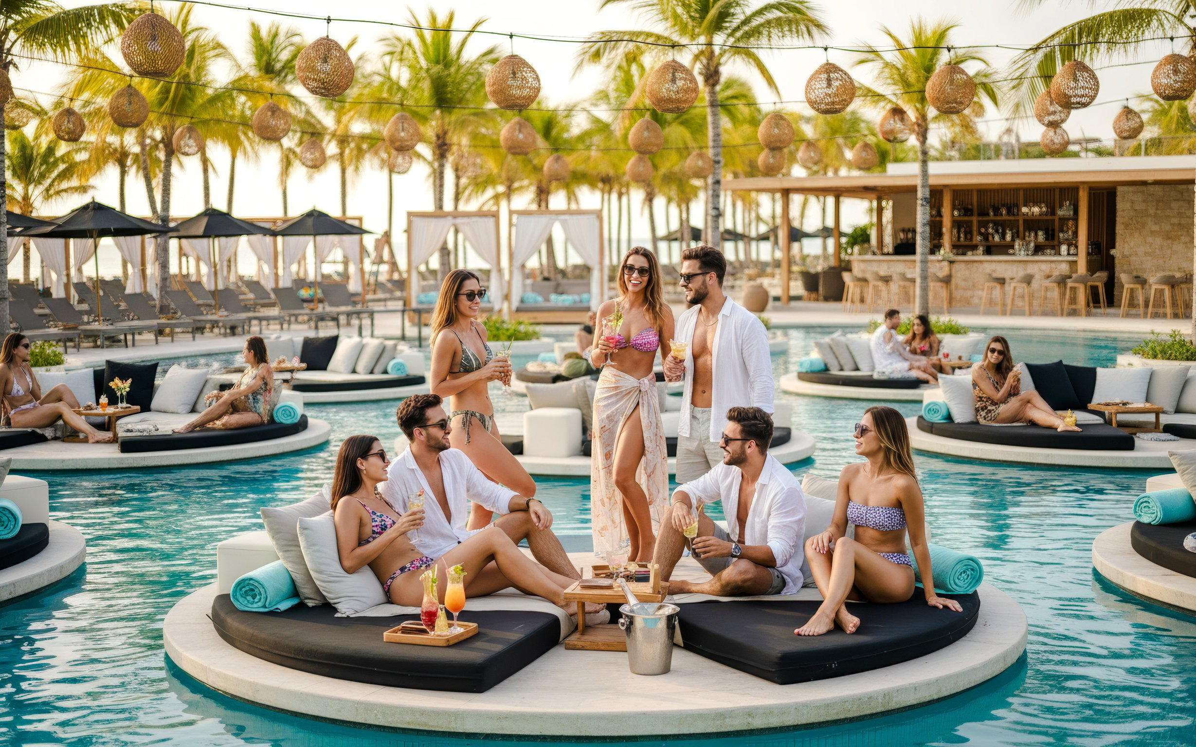 Group enjoying drinks on floating island beds at FINNS Beach Party Lagoon Zone.