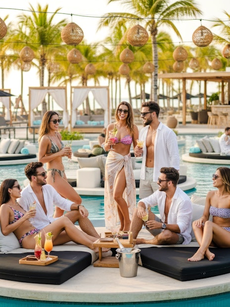 Group enjoying drinks on floating island beds at FINNS Beach Party Lagoon Zone.