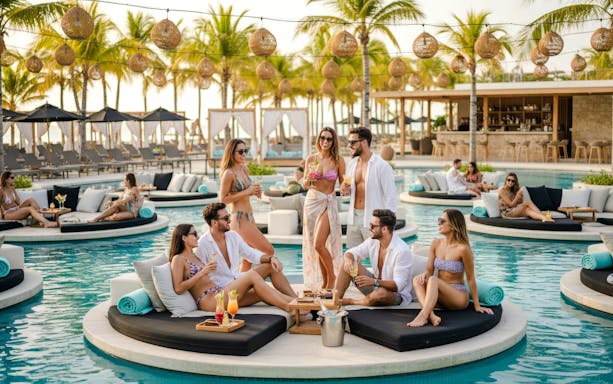 Group enjoying drinks on floating island beds at FINNS Beach Party Lagoon Zone.